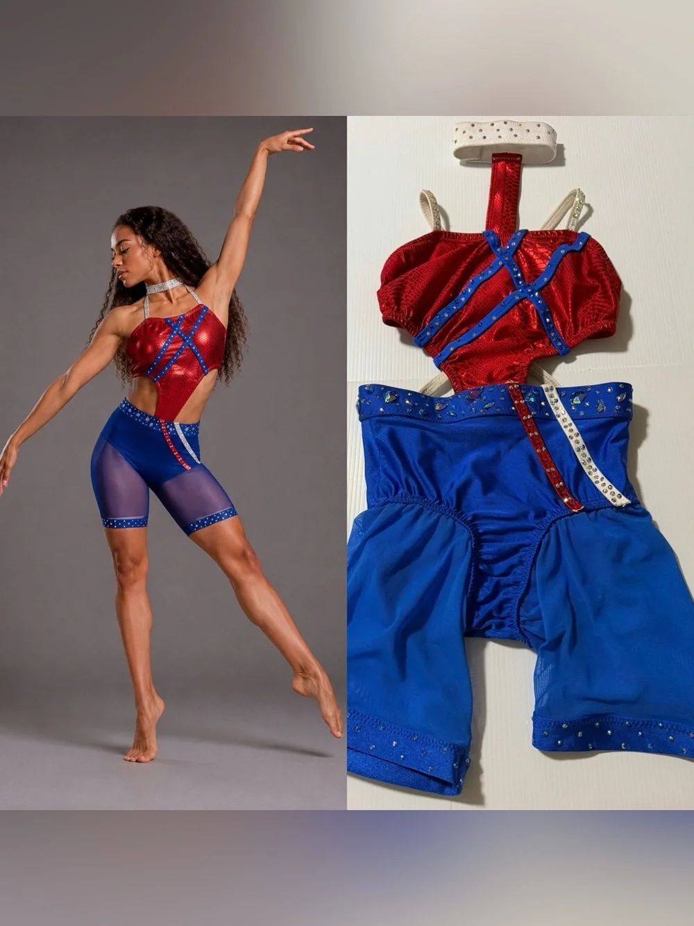 Custom Red Blue Dance Costume Biketard Contemporary Jazz USA superhero Acro LC